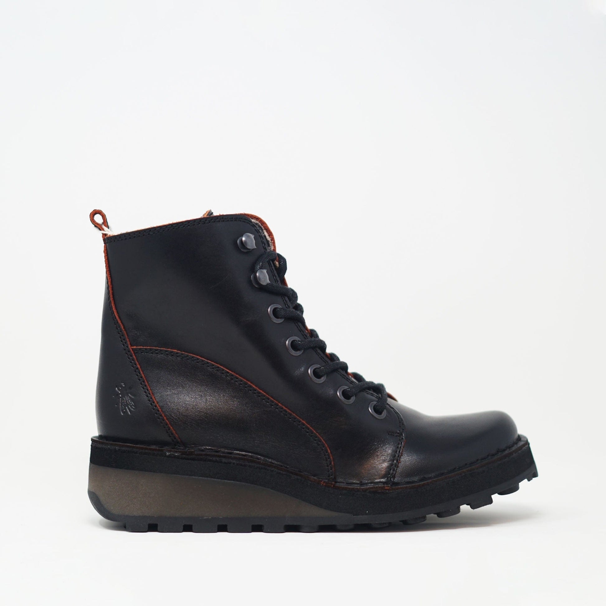 Fly London Hazi Leather Boots Black Red BOOTS  - ZIGZAG Footwear